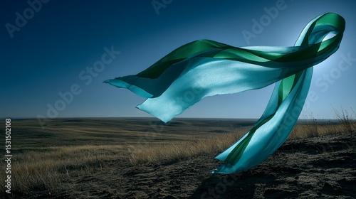 Graceful Green and Blue Fabric Flowing in a Vast Open Landscape