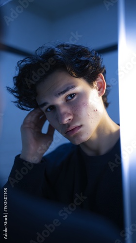Young Adult Reflects in Mirror with Thoughtful Expression and Casual Attire