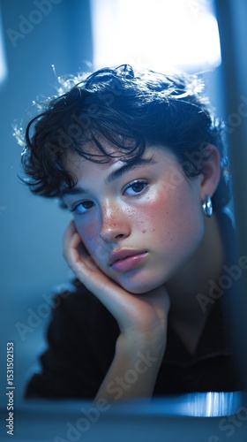 Thoughtful Young Adult with Short Hair in Serene Blue-Toned Setting