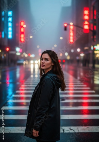 Confident young woman standing on a foggy night city crosswalk with neon lights, perfect for illustrating urban lifestyle, street fashion, cinematic mood, independence and modern expression concepts