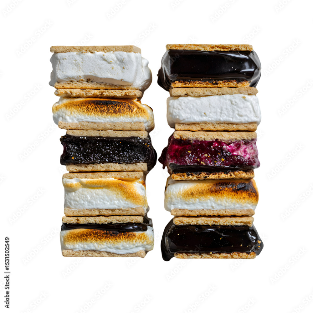 Fototapeta premium Delicious stacked smores with chocolate and fruit fillings sweet treat isolated on transparent background