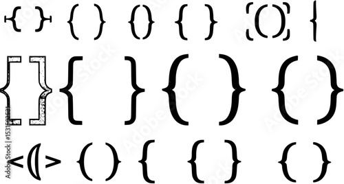 Bracket, braces, parenthes vector set, Diverse curly bracket styles for design, coding, and typography. Ideal symbol for software, graphic design, and programming visuals