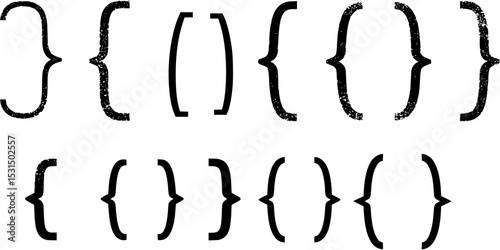 Bracket, braces, parenthes vector set, Diverse curly bracket styles for design, coding, and typography. Ideal symbol for software, graphic design, and programming visuals