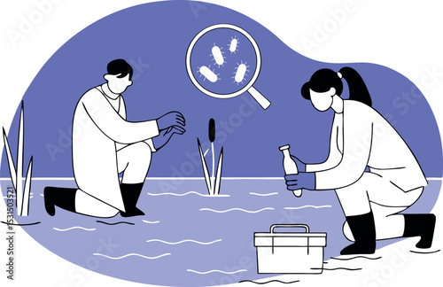 Scientists conducting water quality research in pond, environmentalists testing lake pollution, ecology fieldwork