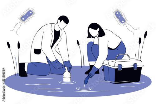Scientists conducting water quality research in pond, environmentalists testing lake pollution, ecology fieldwork
