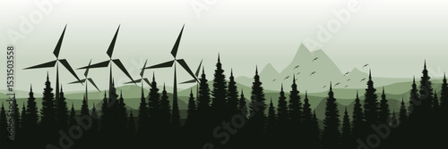 Wind turbines in a forested mountain landscape – renewable energy concept vector illustration good for wallpaper design, design template, background template, and tourism design template