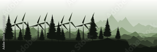 Wind turbines in a forested mountain landscape – renewable energy concept vector illustration good for wallpaper design, design template, background template, and tourism design template