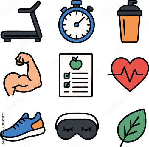 Modern fitness icons with treadmill, timer, nutrition checklist, heart health, sleep aid, fitness shoes, supplements, and wellness leaves. Clear, vibrant style.
