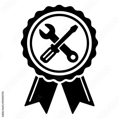 Black and White Maintenance Service Award Badge Icon with Wrench and Screwdriver