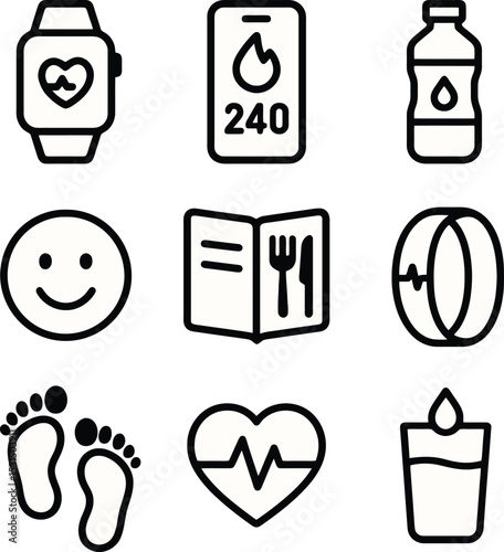 Minimalistic icon set featuring fitness watch, calorie tracking app, water intake, healthy heart, and wellness journal. Clean, bold outlines for health tracking.