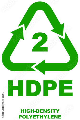 Plastic recycling code number 2 for HDPE with words High-Density Polyethylene, green triangle symbol with arrows on isolated background.
