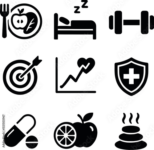Black and white vector icons set focusing on fitness, nutrition, healthy sleep, and wellness objectives. Clear design for health and wellbeing concepts.