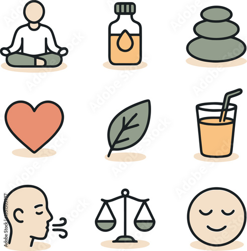 Set of wellness and meditation icons featuring yoga, herbal oil, spa stones, mindfulness, and natural health care. Minimalist design, perfect for wellness themes.