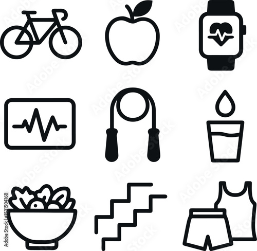 Outline wellness icons including stacked stones, lotus meditation pose, essential oil dropper, steaming tea, floral motif, leaf accent, aroma diffuser, sunburst, and peaceful profile.