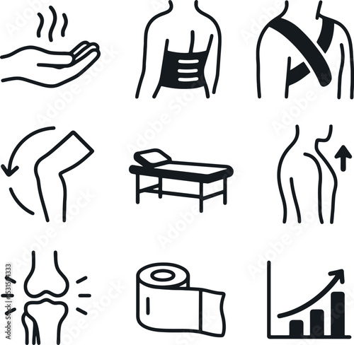 Physical therapy icon set in line art showing massage hand, back-support belt, arm sling strap, joint flexion arrow, therapy bench, posture alignment arrows, knee pain symbol, support tape, and therap
