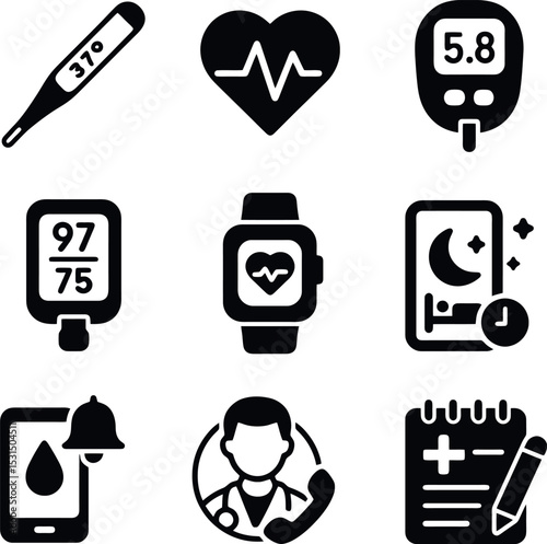 Solid flat health monitoring icon set featuring thermometer, heart rate monitor, blood glucose meter, blood pressure gauge, smartwatch tracker, sleep app, hydration alert, telemedicine call, and medic