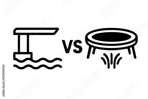 Black and White Diving Board vs. Trampoline Icon for Sports Comparison