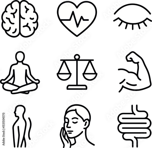 Outline wellness icon set illustrating mind focus, heart pulse, eye comfort, yoga posture, equilibrium scales, strength flex, body alignment, skincare, and gut wellness.