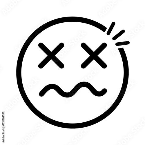 Black and White Dead Face Emoji Icon with Cross Eyes and Squiggly Mouth