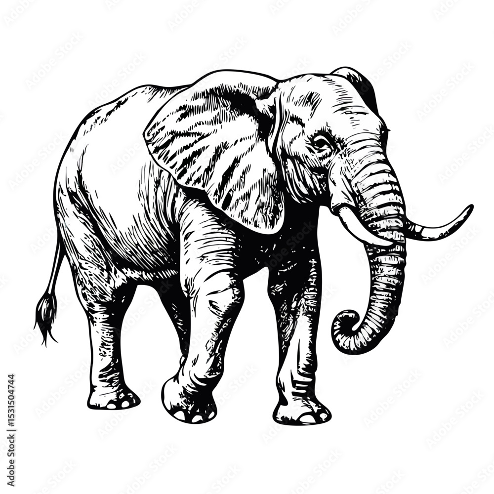 Fototapeta premium Vintage Elephant Walking Illustration with Detailed Wrinkles and Curved Trunk in Ink Style