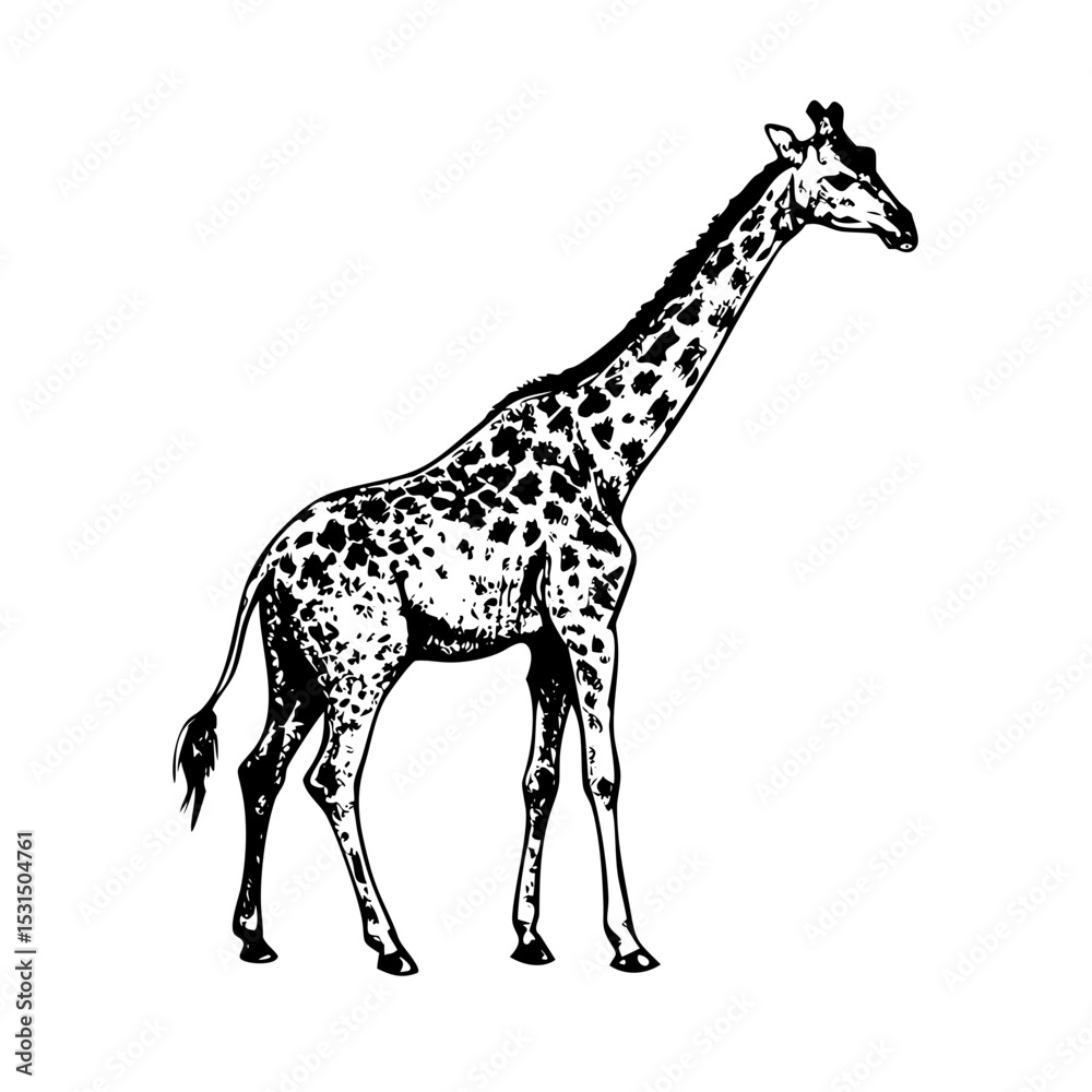 Obraz premium Vintage Giraffe Drawing in Profile with Elegant Neck and Inked Spot Patterns.