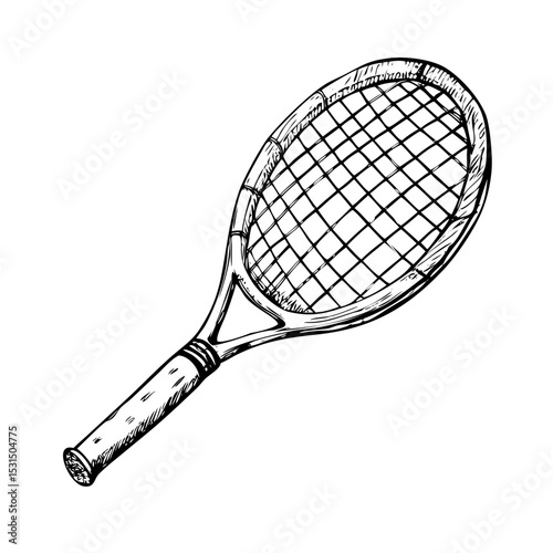Hand-Drawn Classic Tennis Racquet Drawing with Interwoven Strings in Ink Style