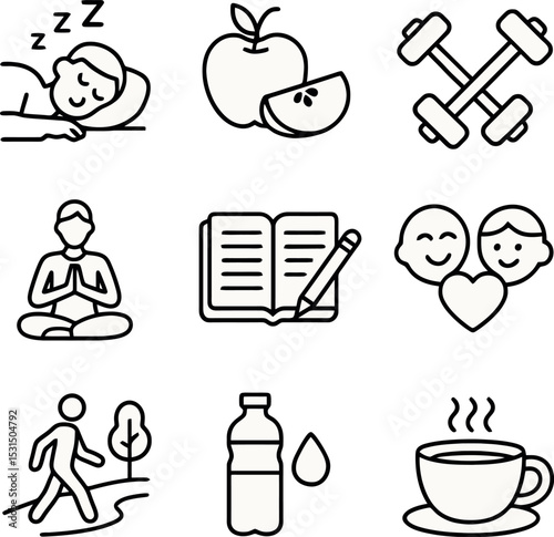 Solid silhouette icon set for emotional wellbeing: love head, speech profile, smiling brain, group discussion, flow line, node connections, mood gauge, meditation figure, and happiness meter.