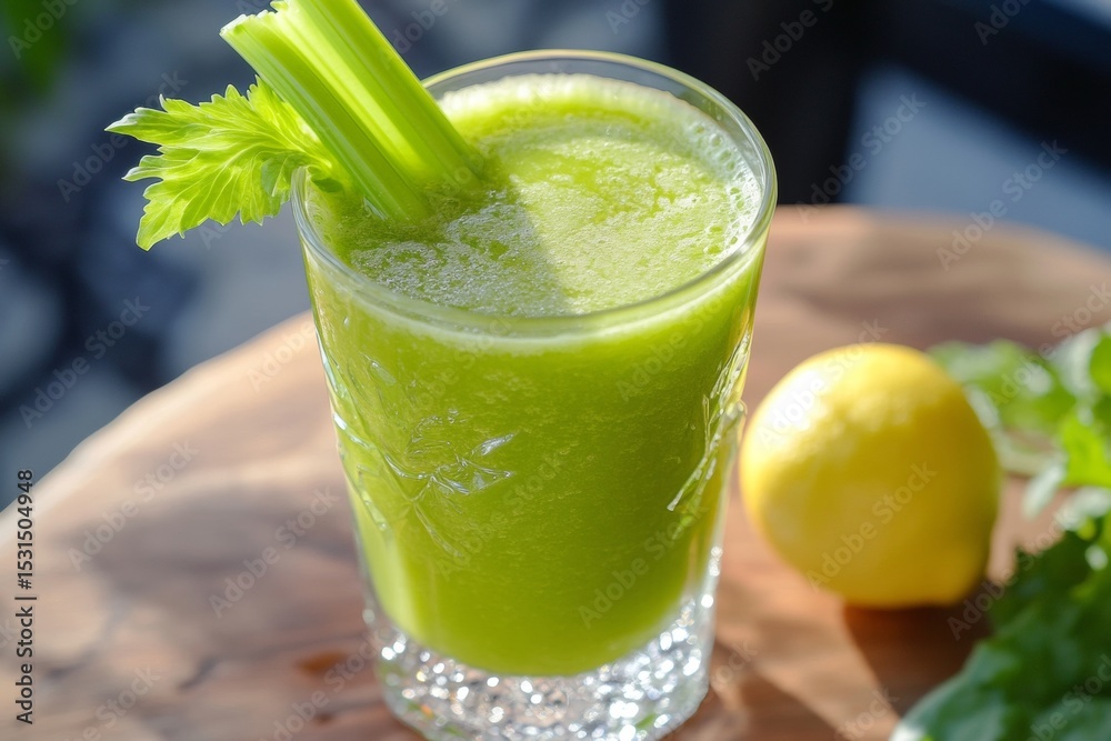 Fototapeta premium Refreshing green juice made from fresh celery and lemon sits in a glass on a wooden surface. The vibrant color suggests health and vitality, perfect for detoxing or energizing