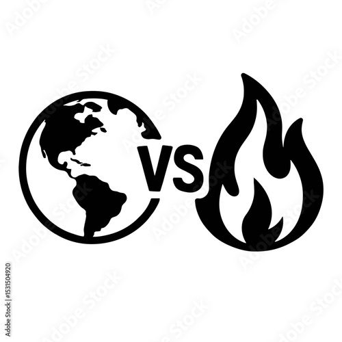Earth Planet vs. Fire Flame Vector Icon - Representing Environmental Threat, Climate Change, or Nature's Balance