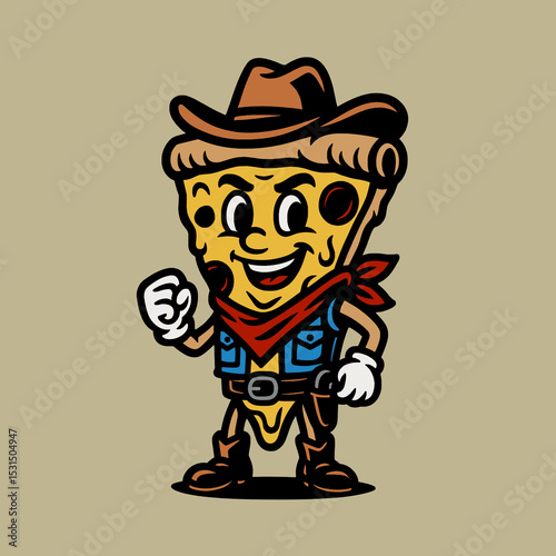 Funny Cowboy Pizza Slice Vector Mascot Illustration
