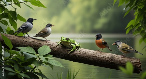 Frog and birds on a log in lush forest setting with pond in background