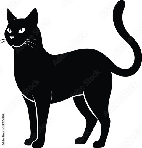 Elegant black cat vector illustration: a sleek feline silhouette with a graceful tail, perfect for pet-themed designs