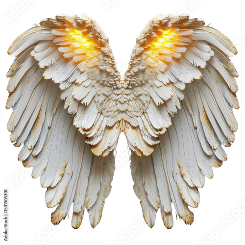 Majestic white angel wings with glowing golden tips, symbolizing purity and hope, beautifully detailed and ethereal in appearance