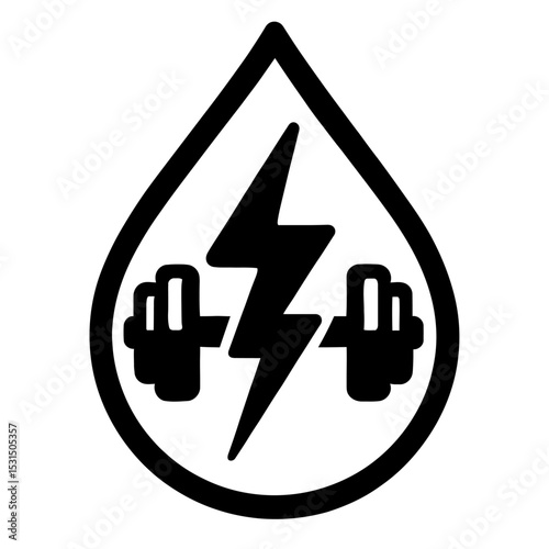 Water Drop with Dumbbell and Lightning Bolt Vector Icon - Symbol of Energy, Hydration, and Fitness