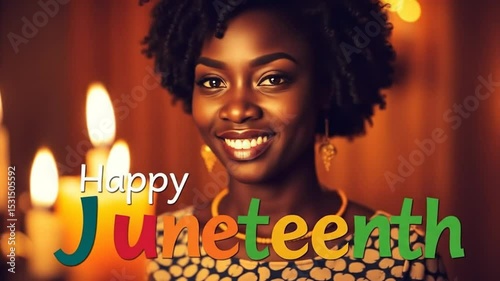 Black Woman Woman in background on Juneteenth Independence Day, June 19, Colorful text. Perfect for Greeting Cards for Juneteenth celebration. 4k video