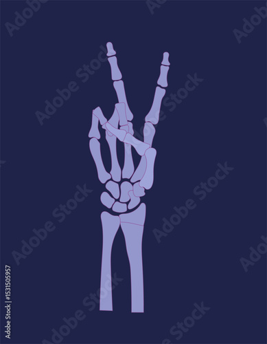 Peace sign of skeleton hand. Gesture made of finger bones.