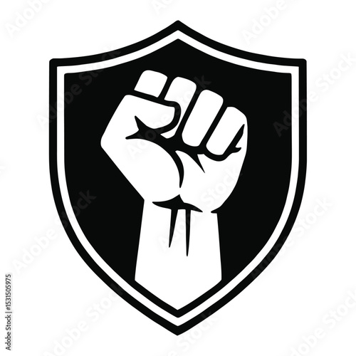 Black and White Raised Fist in Shield Icon Vector - Symbolizing Power, Revolution, or Strength