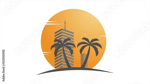Resort. A hotel with palm trees and flying seagulls is an animated logo for resorts, construction and rental companies. Visualization of advertising content