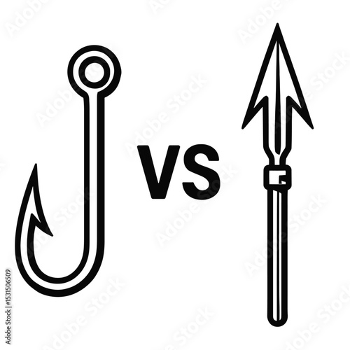 Black and White Fishing Hook VS Spear Icon Vector - Representing Contrast, Choice, or Opposing Methods