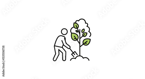 Illustration of person planting a tree, symbolizing environment care and growth.