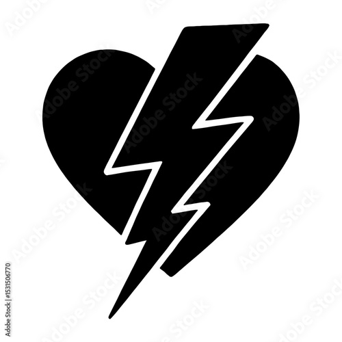Black and White Heart with Lightning Bolt Icon Vector - Symbolizing Broken Heart, Love Shock, or Passionate Energy