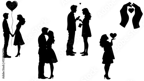 Stylish Silhouette Vector Set of Romantic Love Couples - Dancing, Hugging, Balloons and Heart Moments