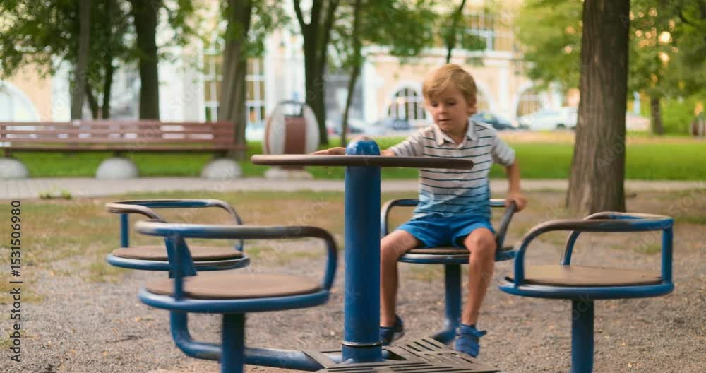 Young boy playing alone on park carousel Young boy playing alone on park carousel