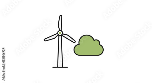An illustration depicting a wind turbine and a green cloud, representing sustainability and clean energy.