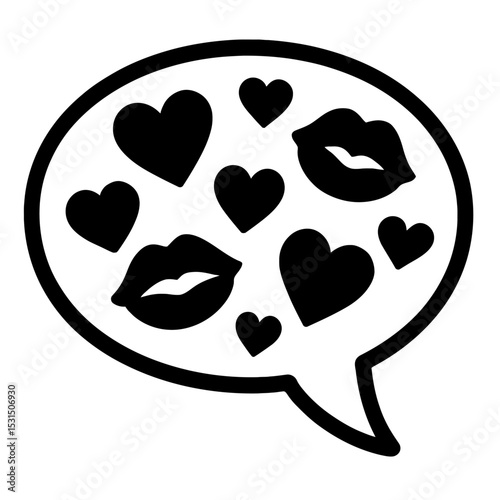 Black and White Speech Bubble with Kisses and Hearts Vector Icon - Ideal for Love, Romance, and Communication