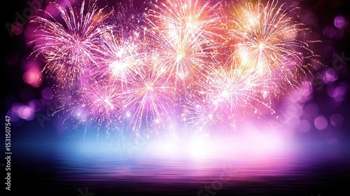 Dazzling Fireworks Display with Vibrant Pink and Yellow Bursts over Shimmering Reflective Ground