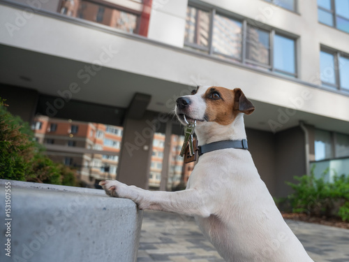 Jack Russell Terrier Dog Holding Apartment Keys. 