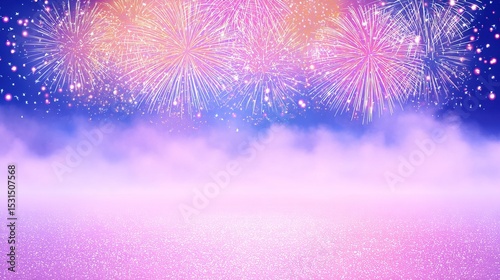 Dazzling Fireworks Display with Vibrant Pink and Yellow Bursts over Shimmering Reflective Ground