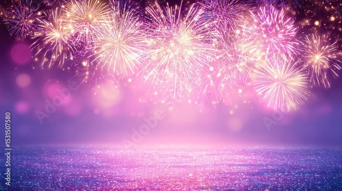 Dazzling Fireworks Display with Vibrant Pink and Yellow Bursts over Shimmering Reflective Ground