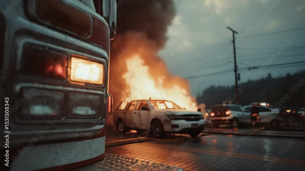 A dramatic fire incident occurred, prompting a swift response from fire trucks